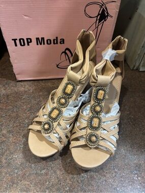 TOP Moda Tan Jeweled Strappy Heels